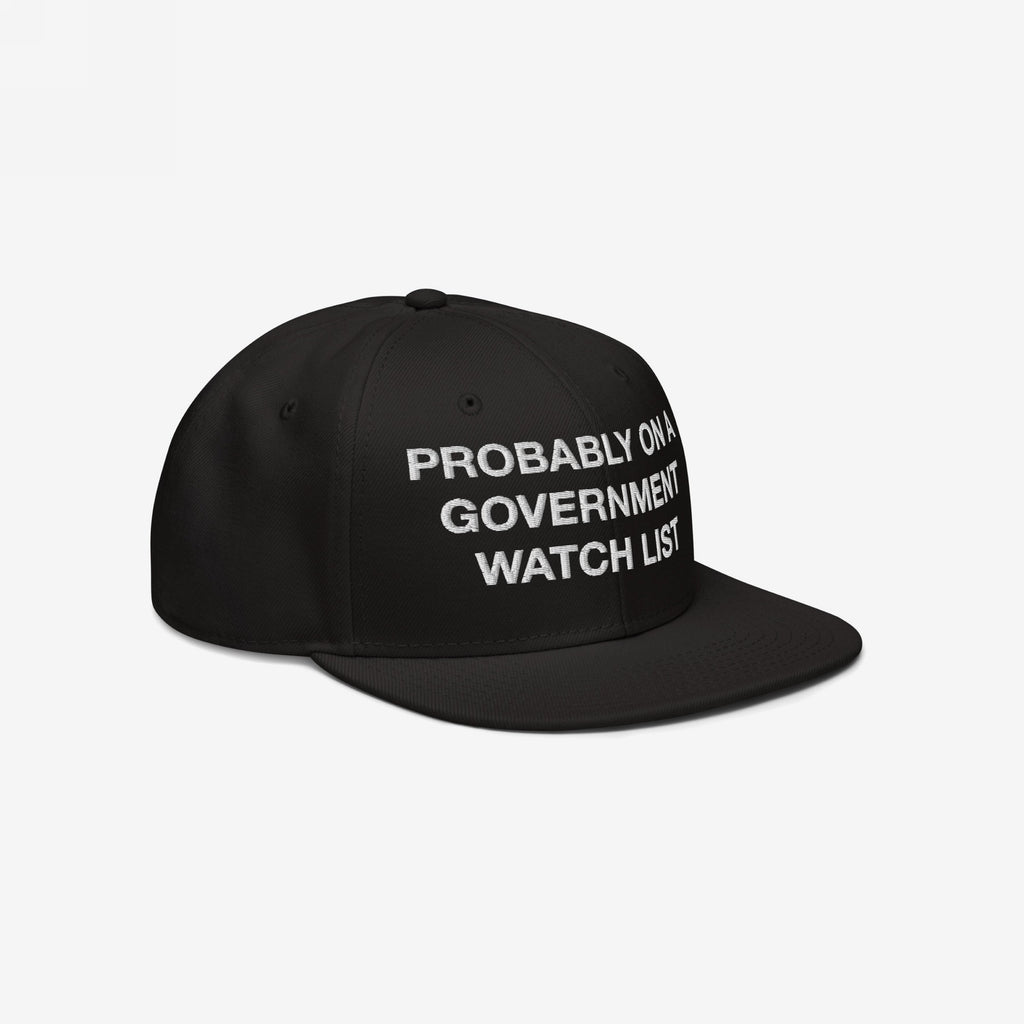 Black snapback baseball cap with the phrase PROBABLY ON A GOVERNMENT WATCH LIST embroidered in white. The Watch List Hat boldly communicates dissent and responsibility, ideal for social activism and protest visibility.
