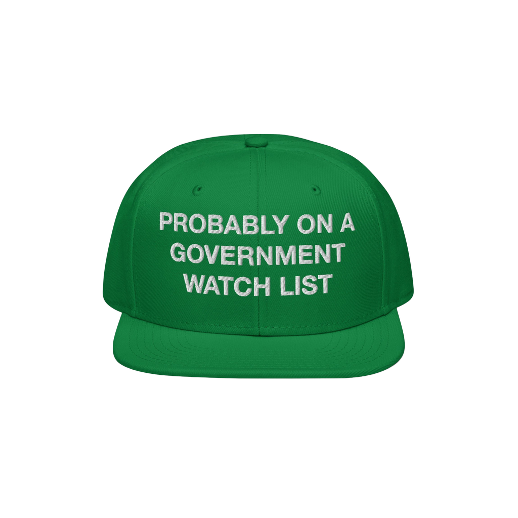 Flat-brim baseball cap titled Watch List Hat featuring bold white text, “PROBABLY ON A GOVERNMENT WATCH LIST,” symbolizin