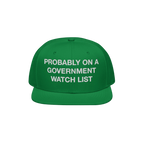 Flat-brim baseball cap titled Watch List Hat featuring bold white text, “PROBABLY ON A GOVERNMENT WATCH LIST,” symbolizin