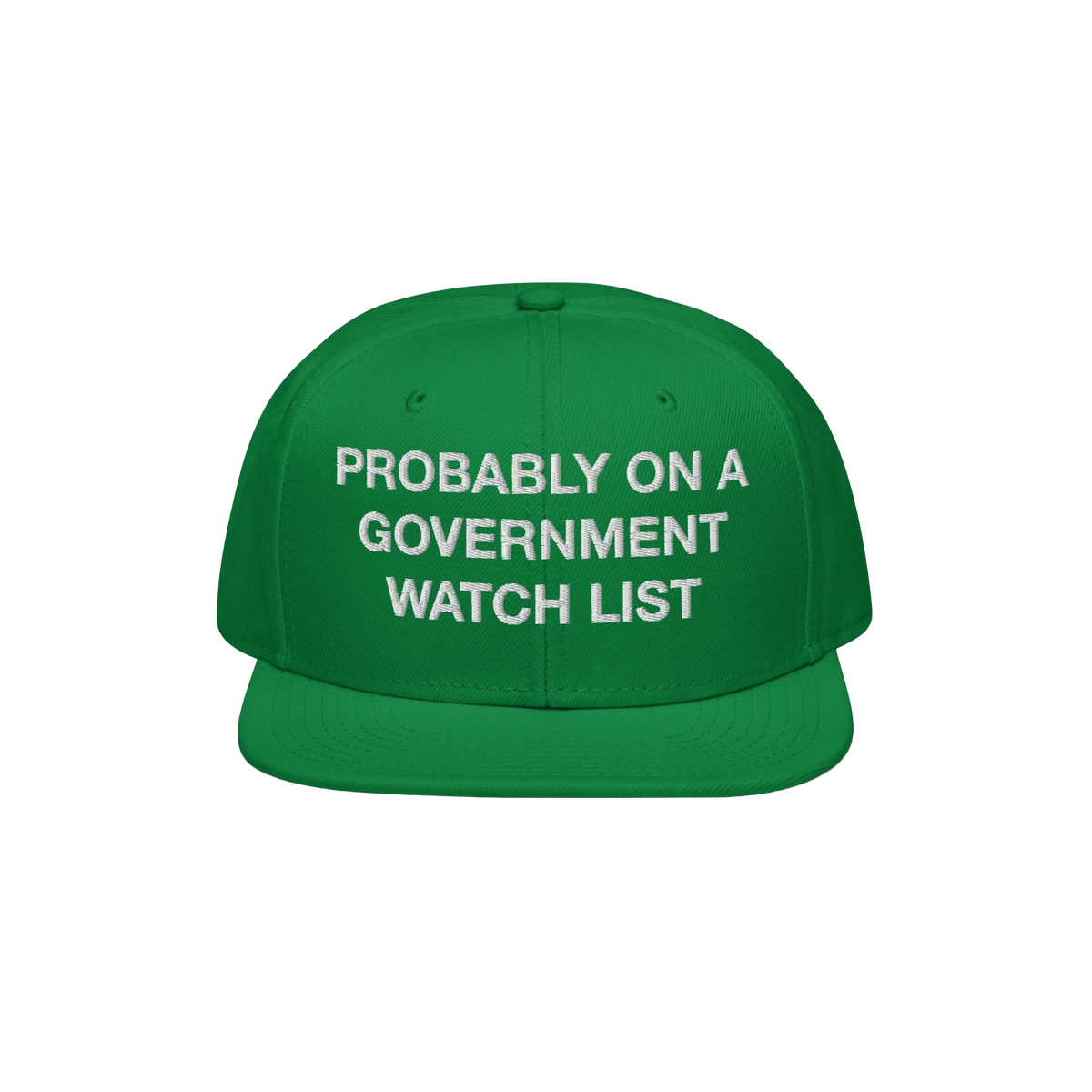 Flat-brim baseball cap titled Watch List Hat featuring bold white text, “PROBABLY ON A GOVERNMENT WATCH LIST,” symbolizin