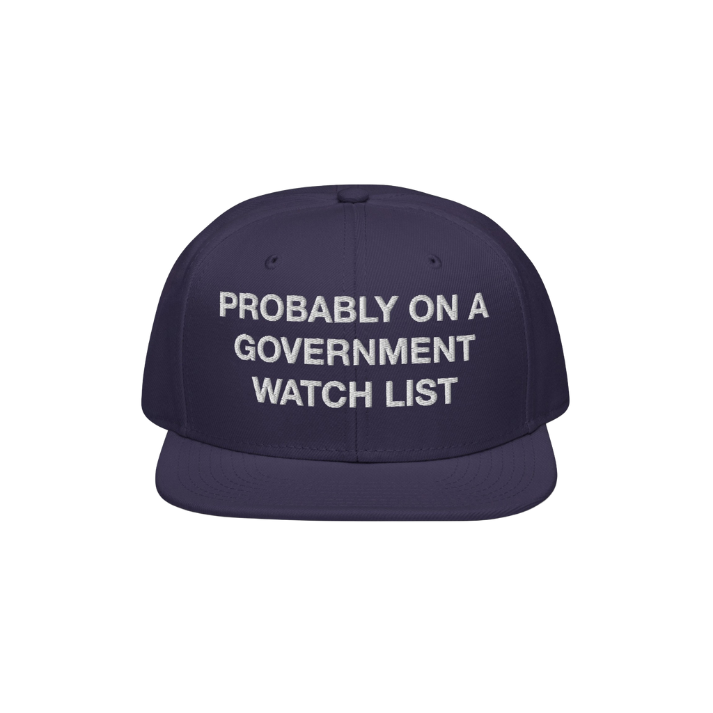 Watch List Hat: A dark navy snapback cap with white block letters, stating PROBABLY ON A GOVERNMENT WATCH LIST, embodying bol