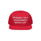 The Watch List Hat features bold white embroidery on a red, flat-brimmed cap, making a defiant statement for those unafraid t