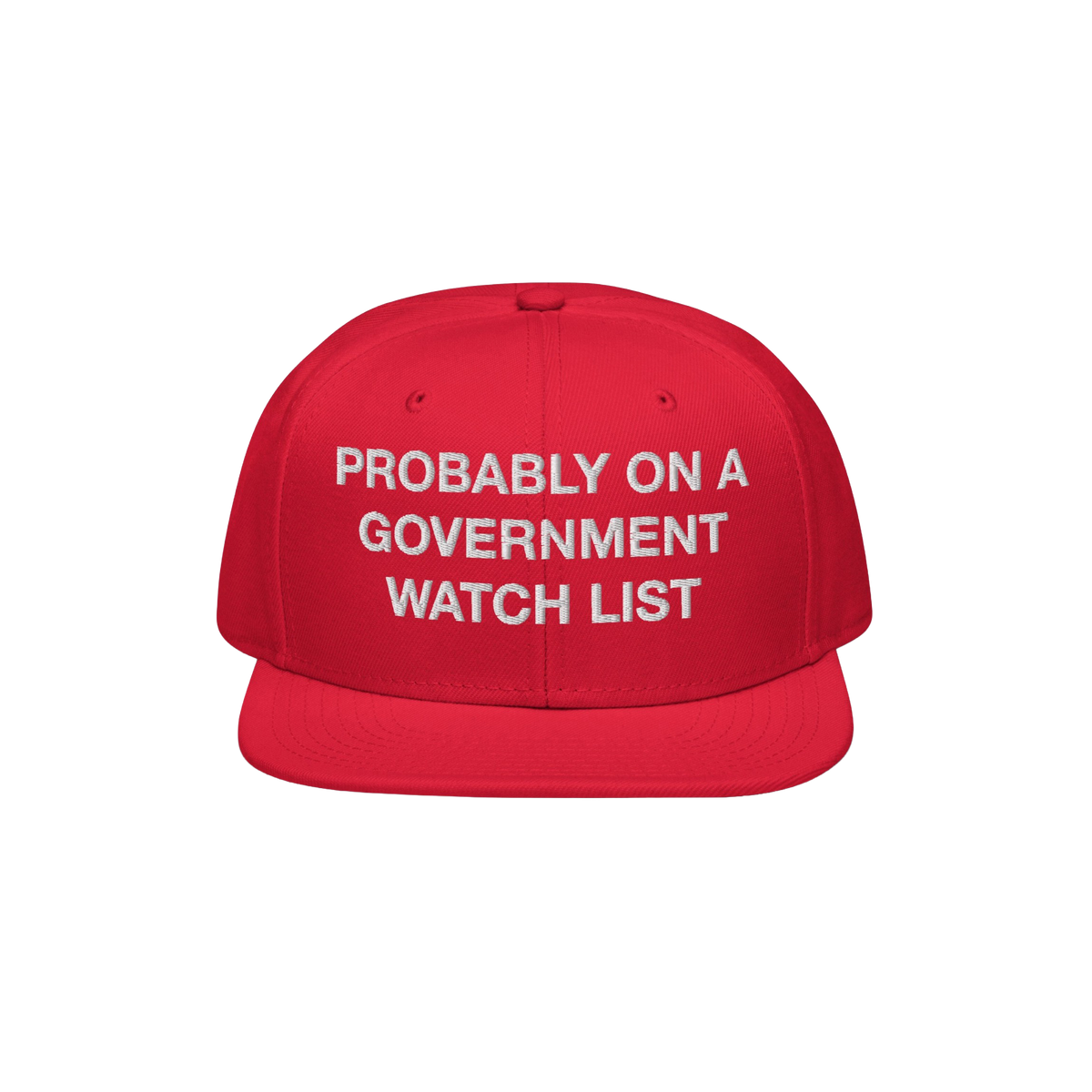 The Watch List Hat features bold white embroidery on a red, flat-brimmed cap, making a defiant statement for those unafraid t