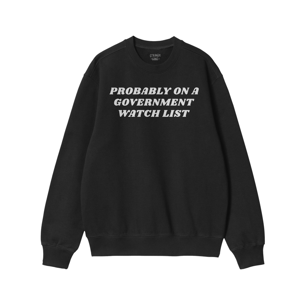 Watch List Hoodie & Sweatshirt: Black crewneck sweatshirt with bold white lettering “PROBABLY ON A GOVERNMENT WATCH LIST”