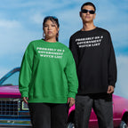 Watch List Hoodie & Sweatshirt: Two individuals model sweatshirts with “PROBABLY ON A GOVERNMENT WATCH LIST” text, embodying defiance and activism. The scene highlights bold fashion as a statement against authority.