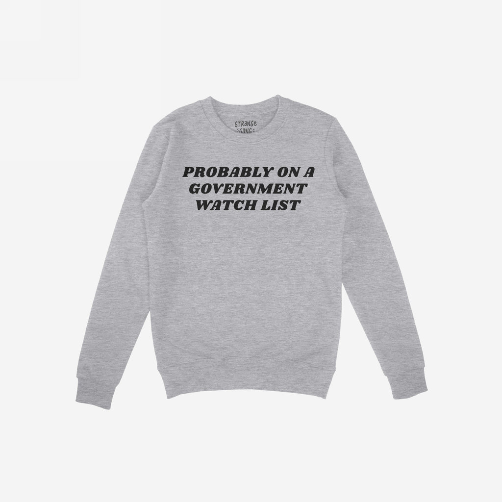 Watch List Hoodie & Sweatshirt features bold black text, “PROBABLY ON A GOVERNMENT WATCH LIST,” on a light-gray crewneck, embodying defiance and activism in a stylish, cozy fleece.
