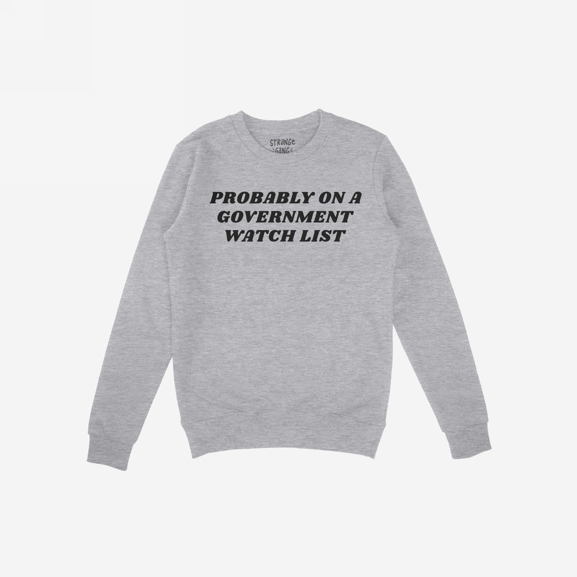 Watch List Hoodie & Sweatshirt features bold black text, “PROBABLY ON A GOVERNMENT WATCH LIST,” on a light-gray crewneck, embodying defiance and activism in a stylish, cozy fleece.