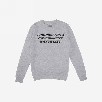 Watch List Hoodie & Sweatshirt features bold black text, “PROBABLY ON A GOVERNMENT WATCH LIST,” on a light-gray crewneck, embodying defiance and activism in a stylish, cozy fleece.