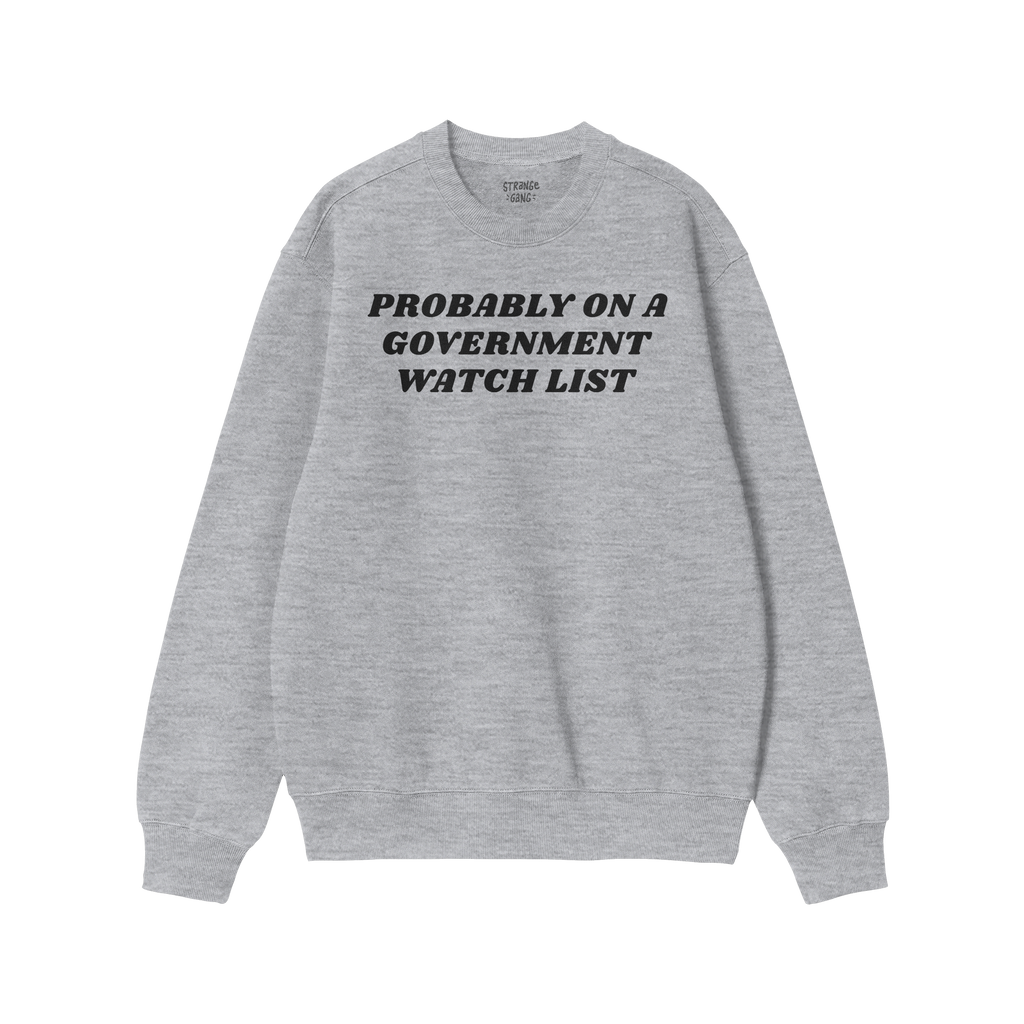 Watch List Hoodie & Sweatshirt features bold black text, “PROBABLY ON A GOVERNMENT WATCH LIST,” on a light-gray crewneck,
