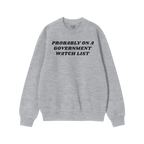 Watch List Hoodie & Sweatshirt features bold black text, “PROBABLY ON A GOVERNMENT WATCH LIST,” on a light-gray crewneck,