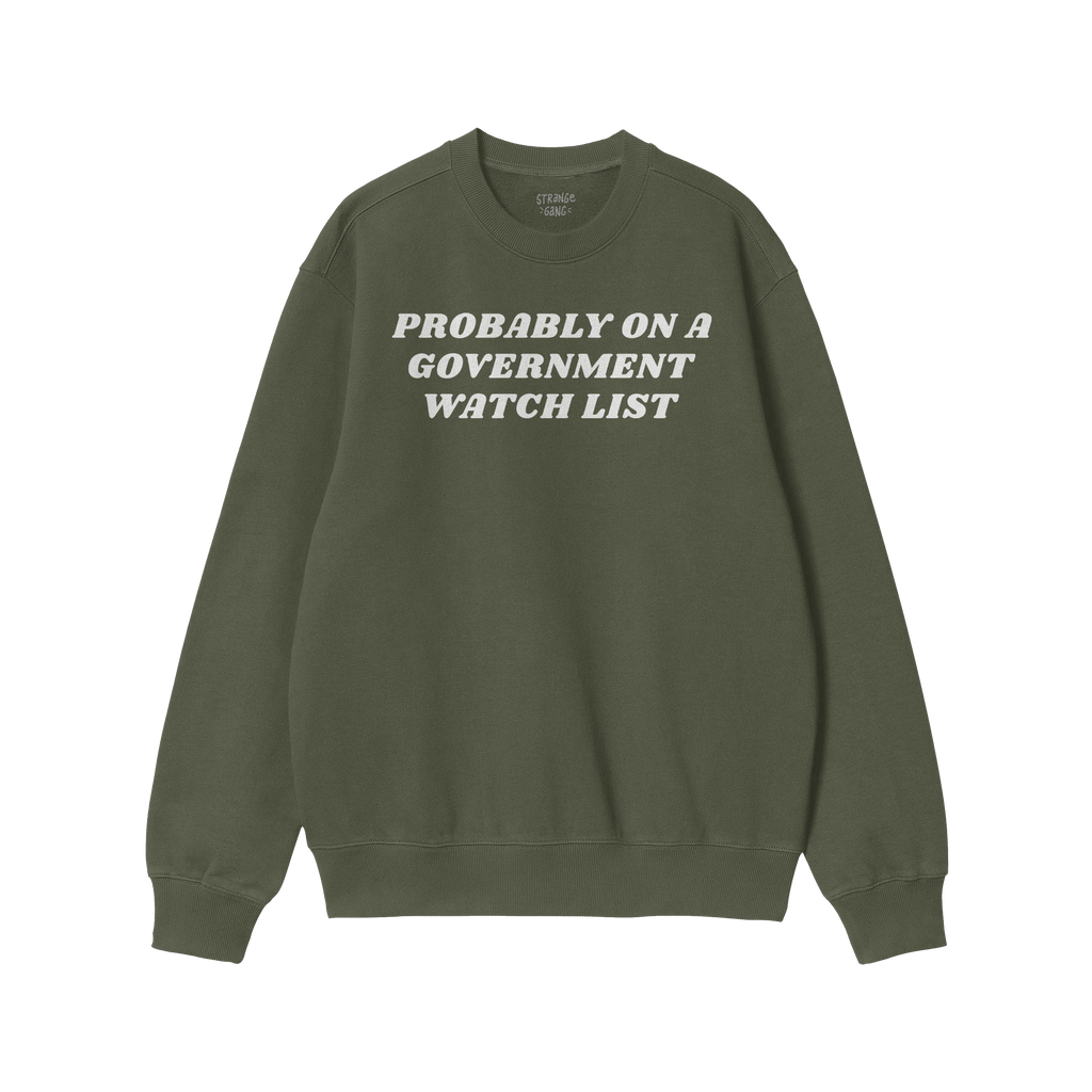 Watch List Hoodie & Sweatshirt with bold white text PROBABLY ON A GOVERNMENT WATCH LIST on a green crewneck, embodying defian