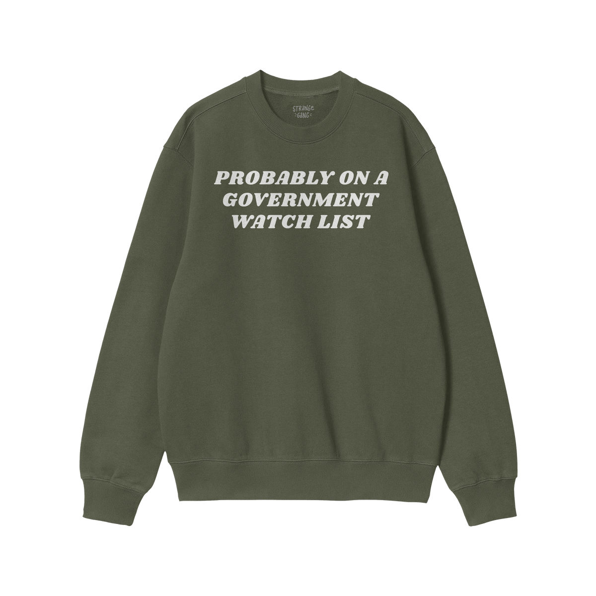 Watch List Hoodie & Sweatshirt with bold white text PROBABLY ON A GOVERNMENT WATCH LIST on a green crewneck, embodying defian