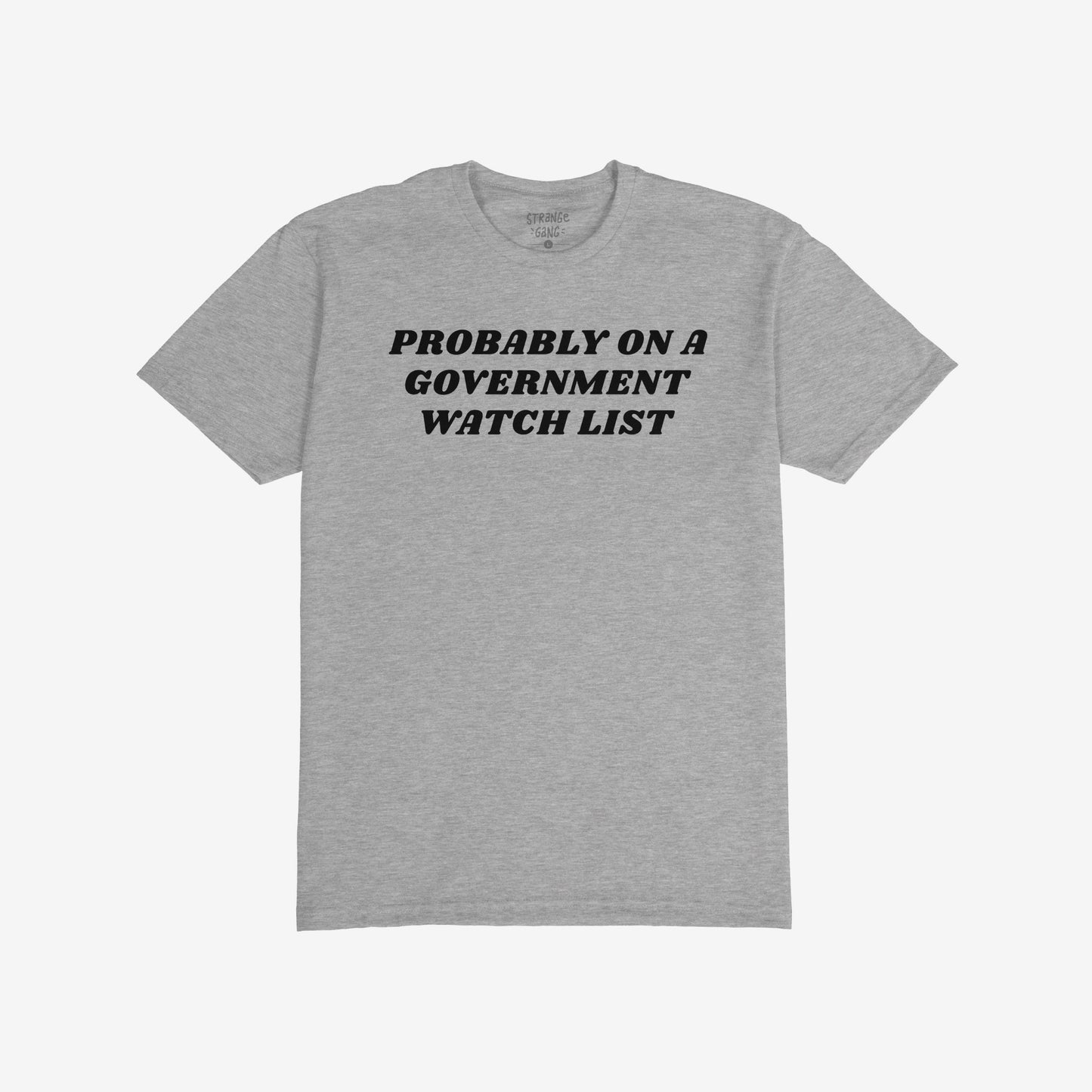 Watch List T-shirt featuring bold black text: “PROBABLY ON A GOVERNMENT WATCH LIST” on a heather-gray background, capturing a defiant spirit for the politically outspoken.