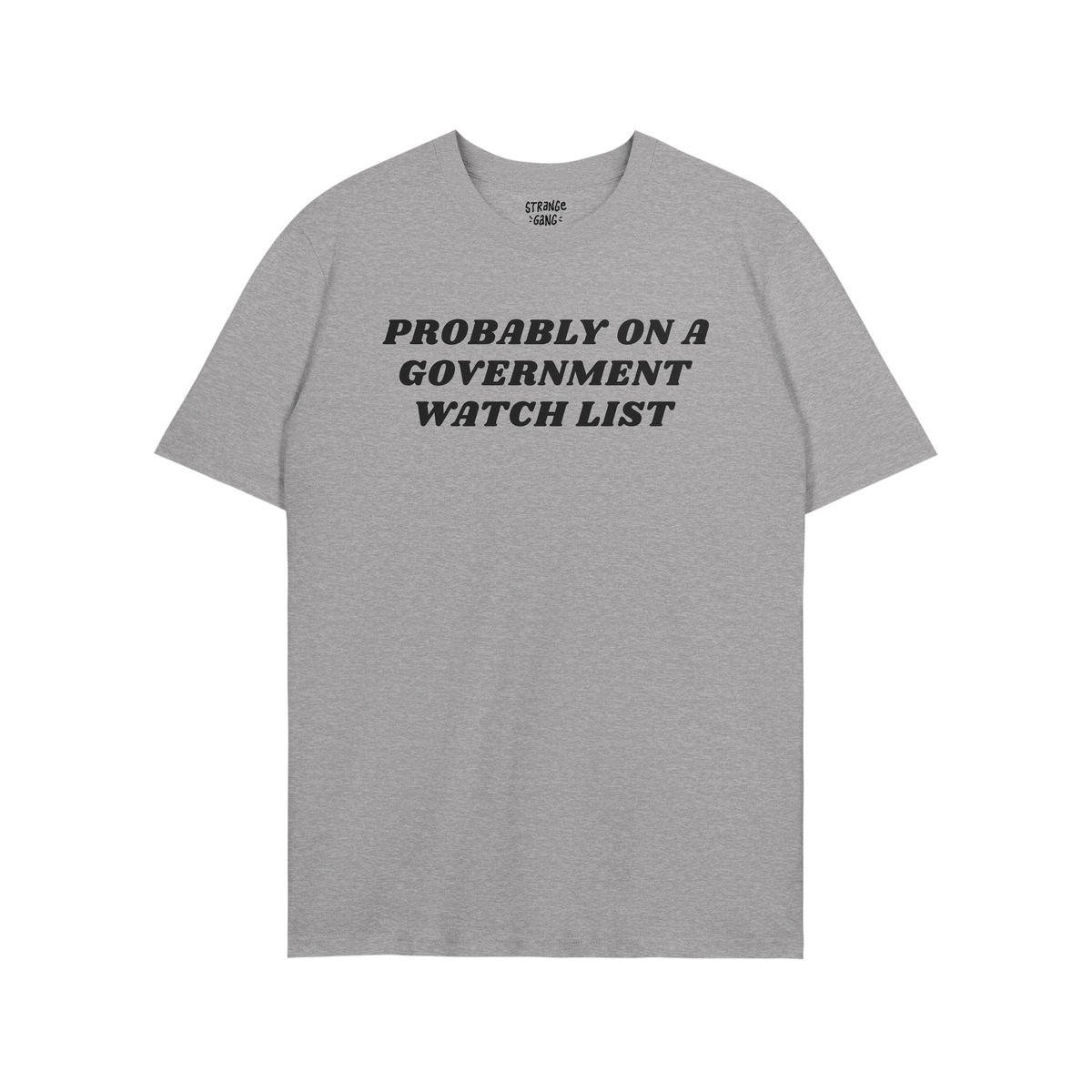Watch List T-shirt featuring bold black text: “PROBABLY ON A GOVERNMENT WATCH LIST” on a heather-gray background, capturi