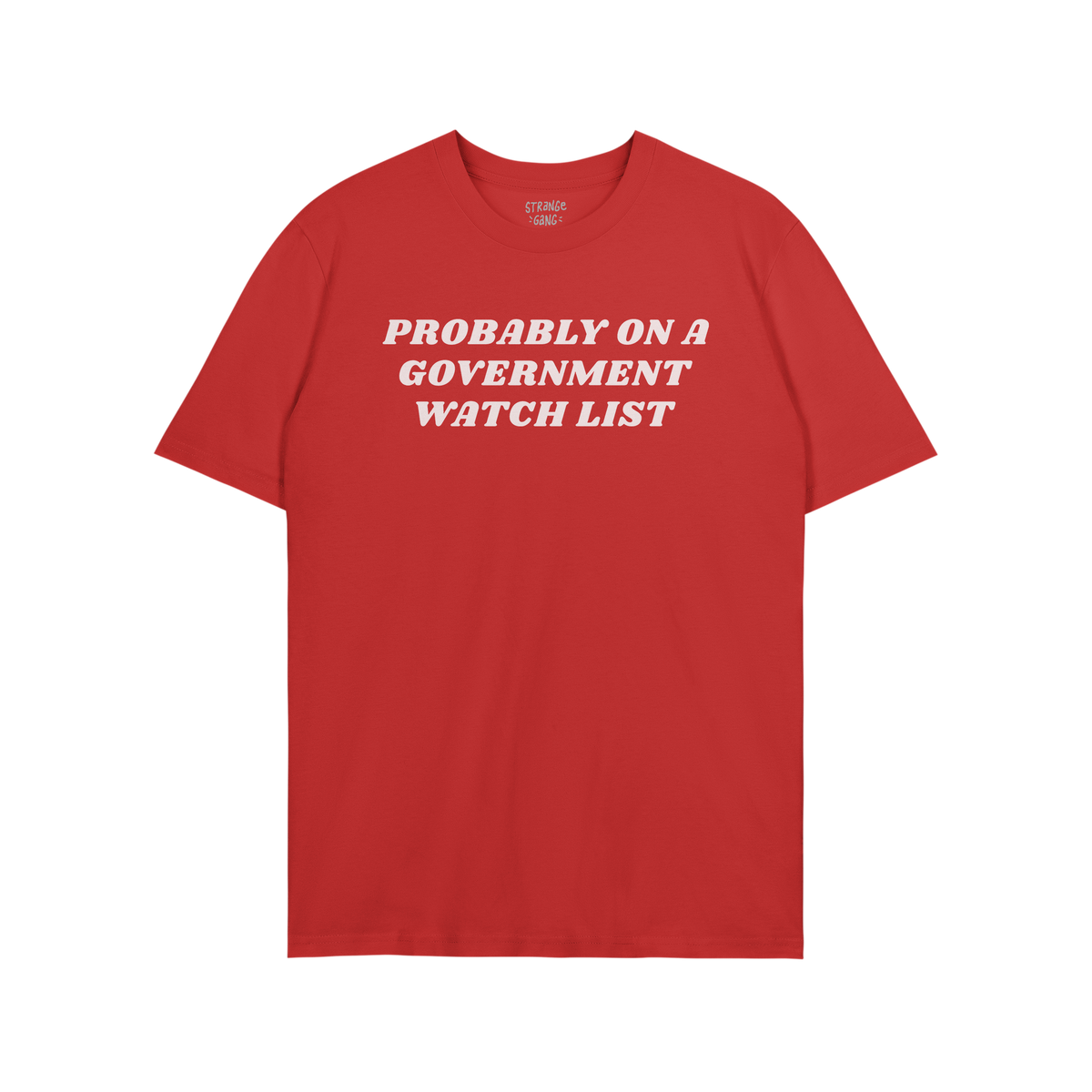 Watch List T-shirt with bold white lettering stating PROBABLY ON A GOVERNMENT WATCH LIST across the chest, symbolizing defian