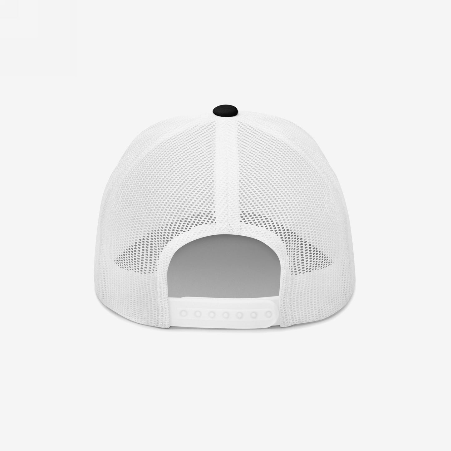 Rear view of the Watch List Hat, a white mesh trucker cap with a snap-back adjustment, highlighting its bold protest message and designed for visibility and activism.