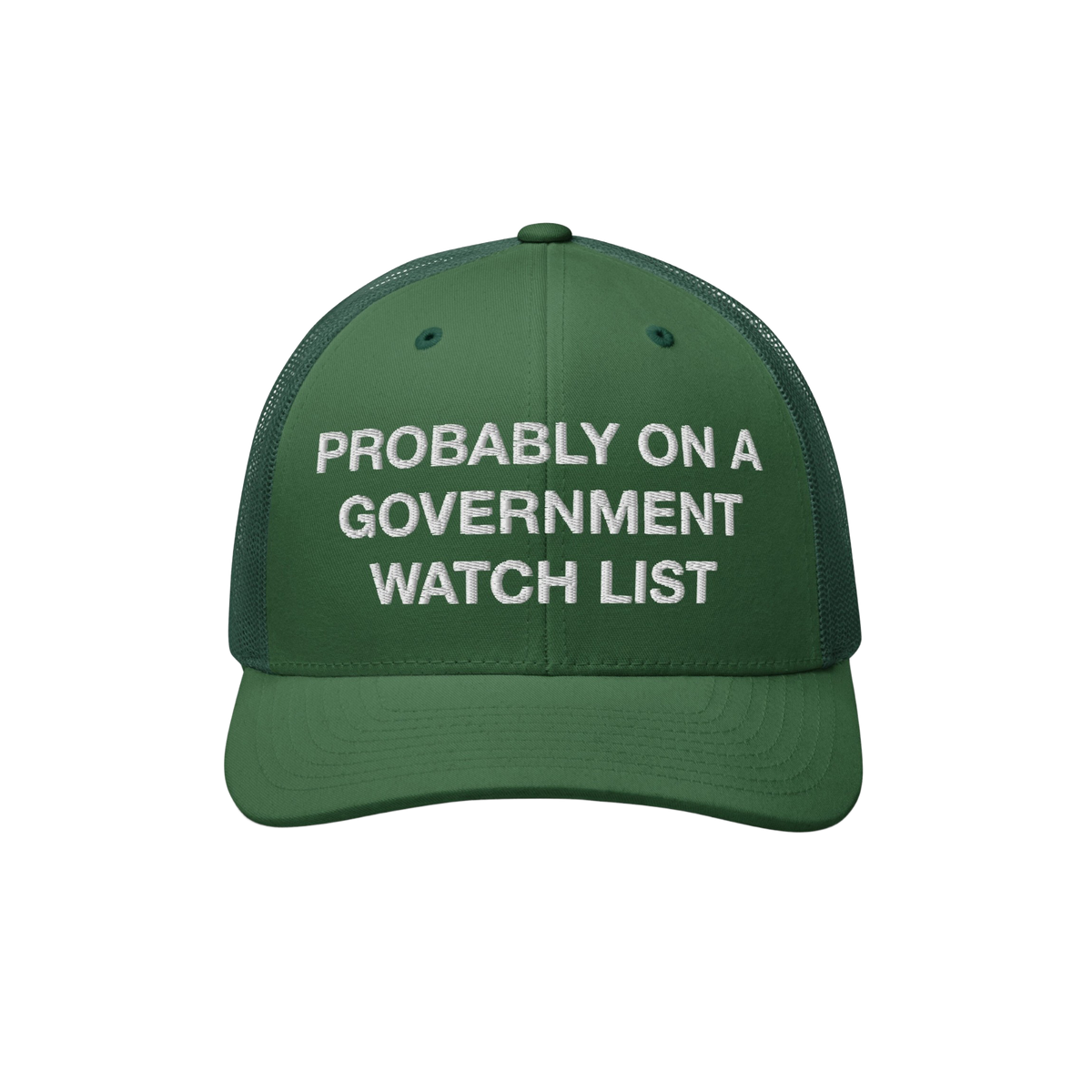 Watch List Hat with white embroidery stating PROBABLY ON A GOVERNMENT WATCH LIST on the front, designed for bold expression a