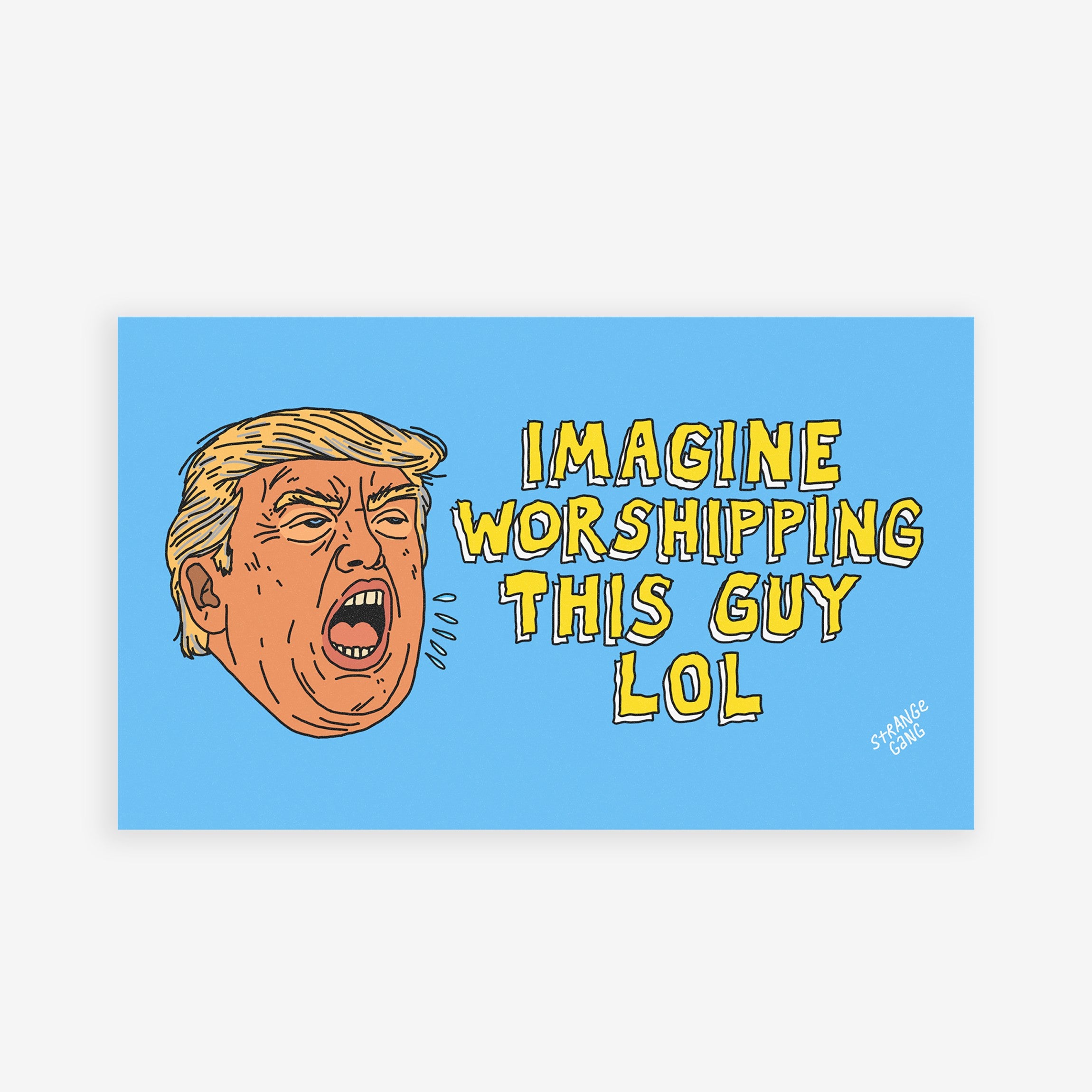 Cartoonish male face with swept hair beside IMAGINE WORSHIPPING THIS GUY LOL text on a sky-blue background. Anti Trump LOL Magnet & Sticker available as a car-magnet or sticker.