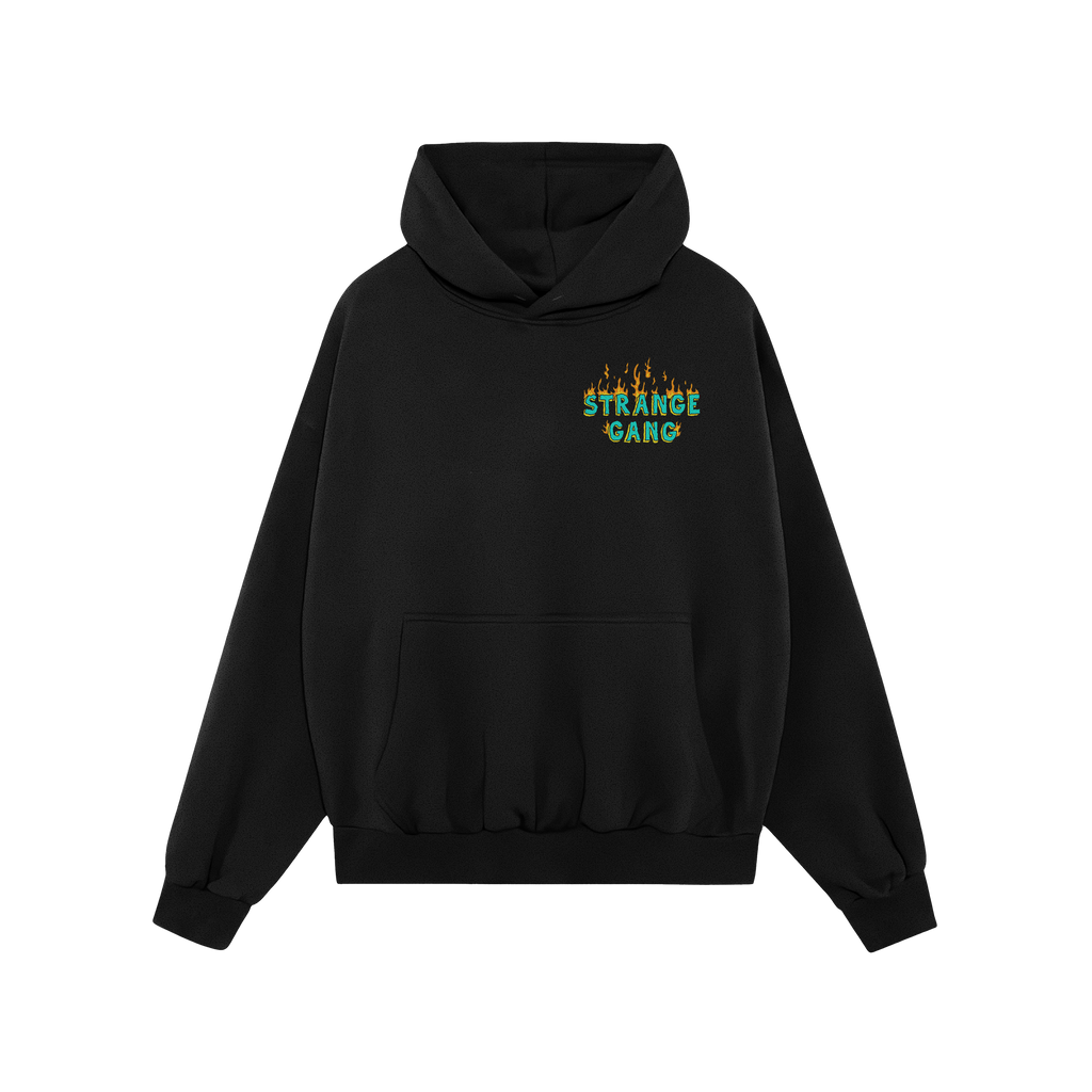 Black pullover hoodie with Your Favorite Band Has Always Been Political design, featuring green-blue letters and orange flame