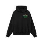 Black pullover hoodie with Your Favorite Band Has Always Been Political design, featuring green-blue letters and orange flame