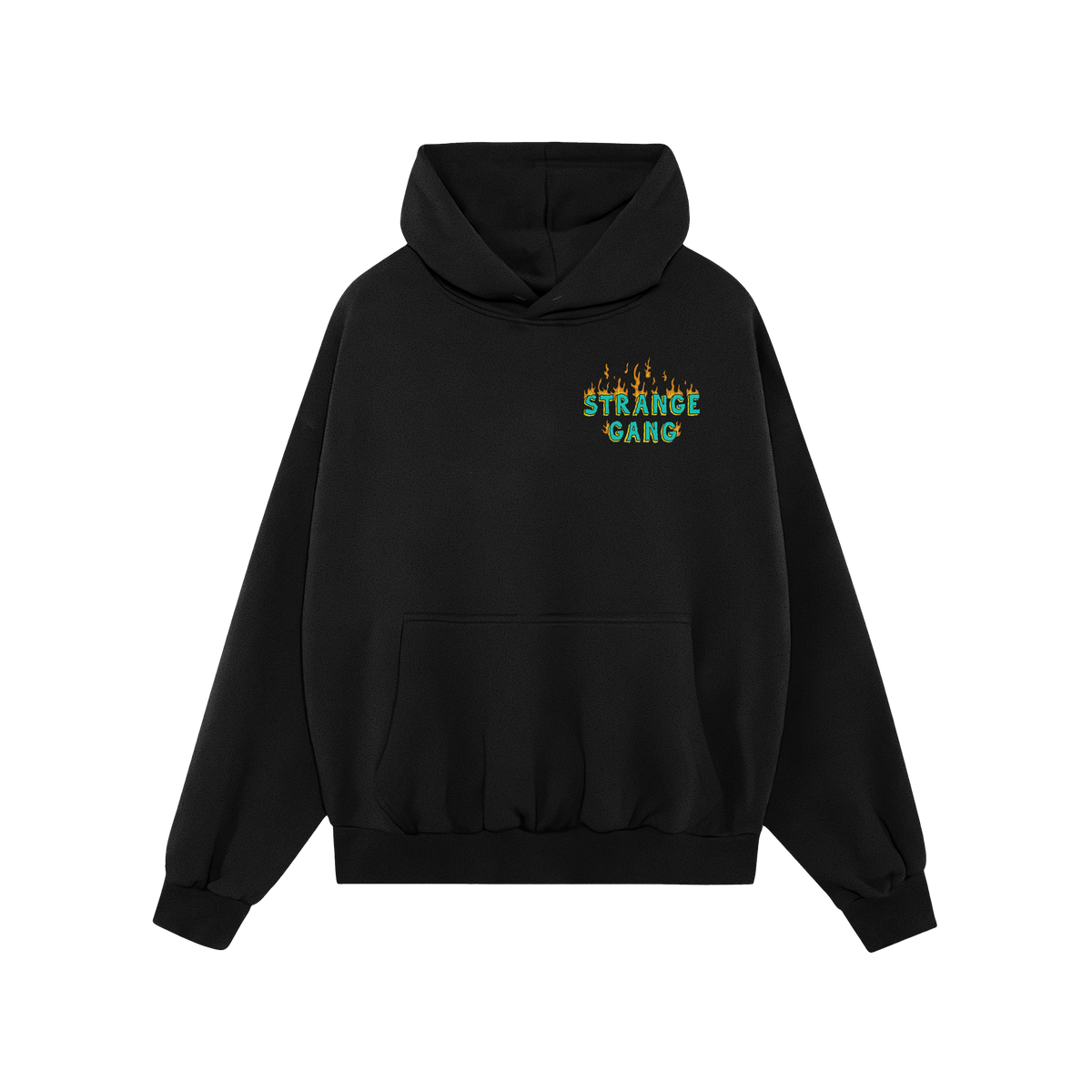 Black pullover hoodie with Your Favorite Band Has Always Been Political design, featuring green-blue letters and orange flame
