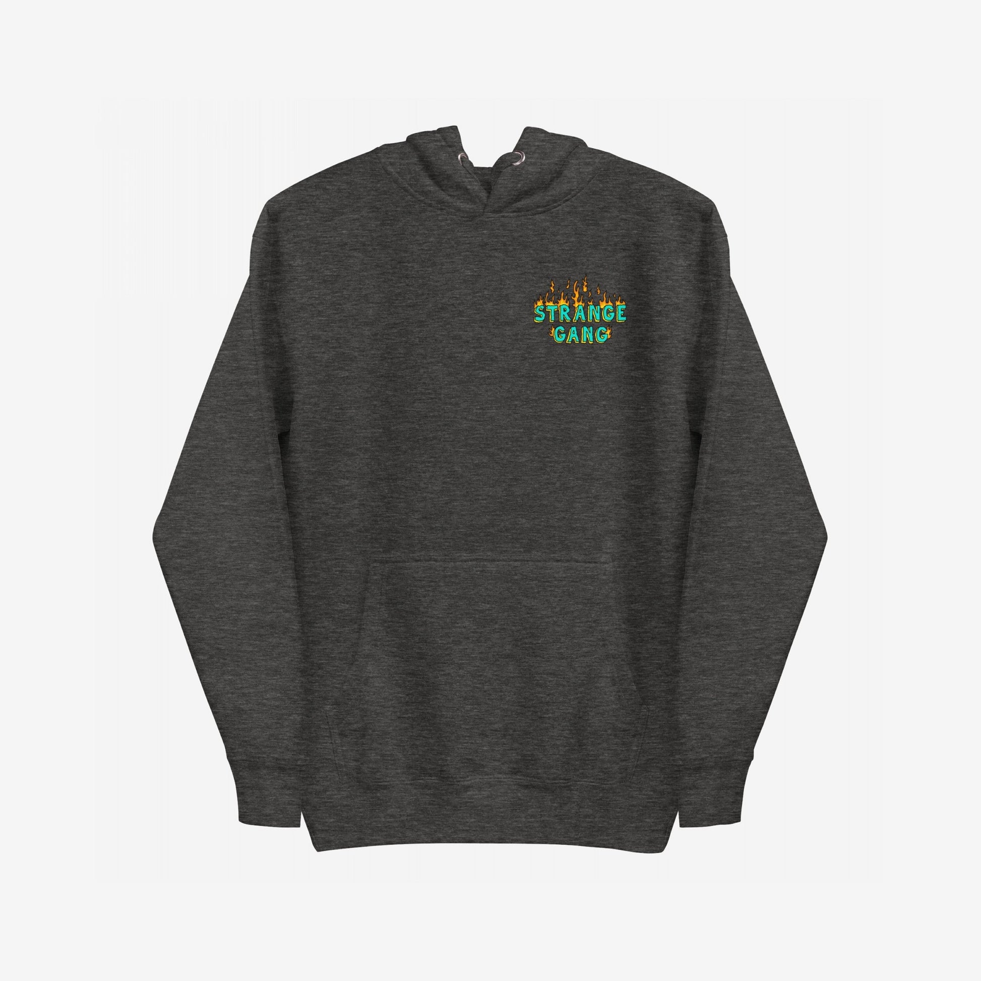 Charcoal-gray pullover hoodie with Your Favorite Band Has Always Been Political design, featuring a teal-green chest graphic with yellow-orange flames. Ideal for making a bold, activist statement.