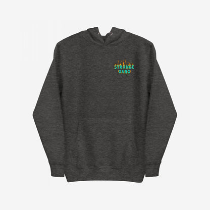 Charcoal-gray pullover hoodie with Your Favorite Band Has Always Been Political design, featuring a teal-green chest graphic with yellow-orange flames. Ideal for making a bold, activist statement.